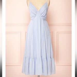 STORIA | Baby blue backless plunging neckline midi dress Sz S